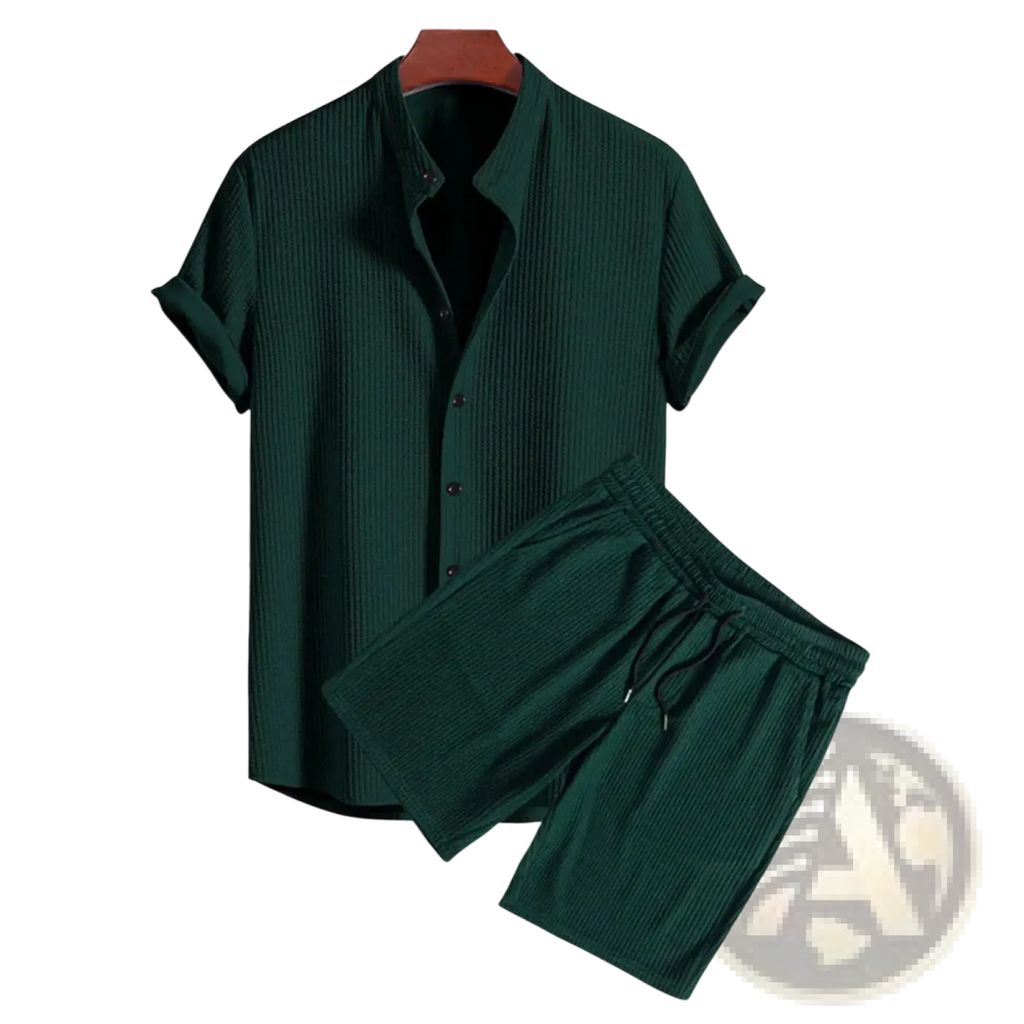 Men ribbed matching short set in dark green ribbed cotton featuring a short-sleeve button-up shirt and shorts