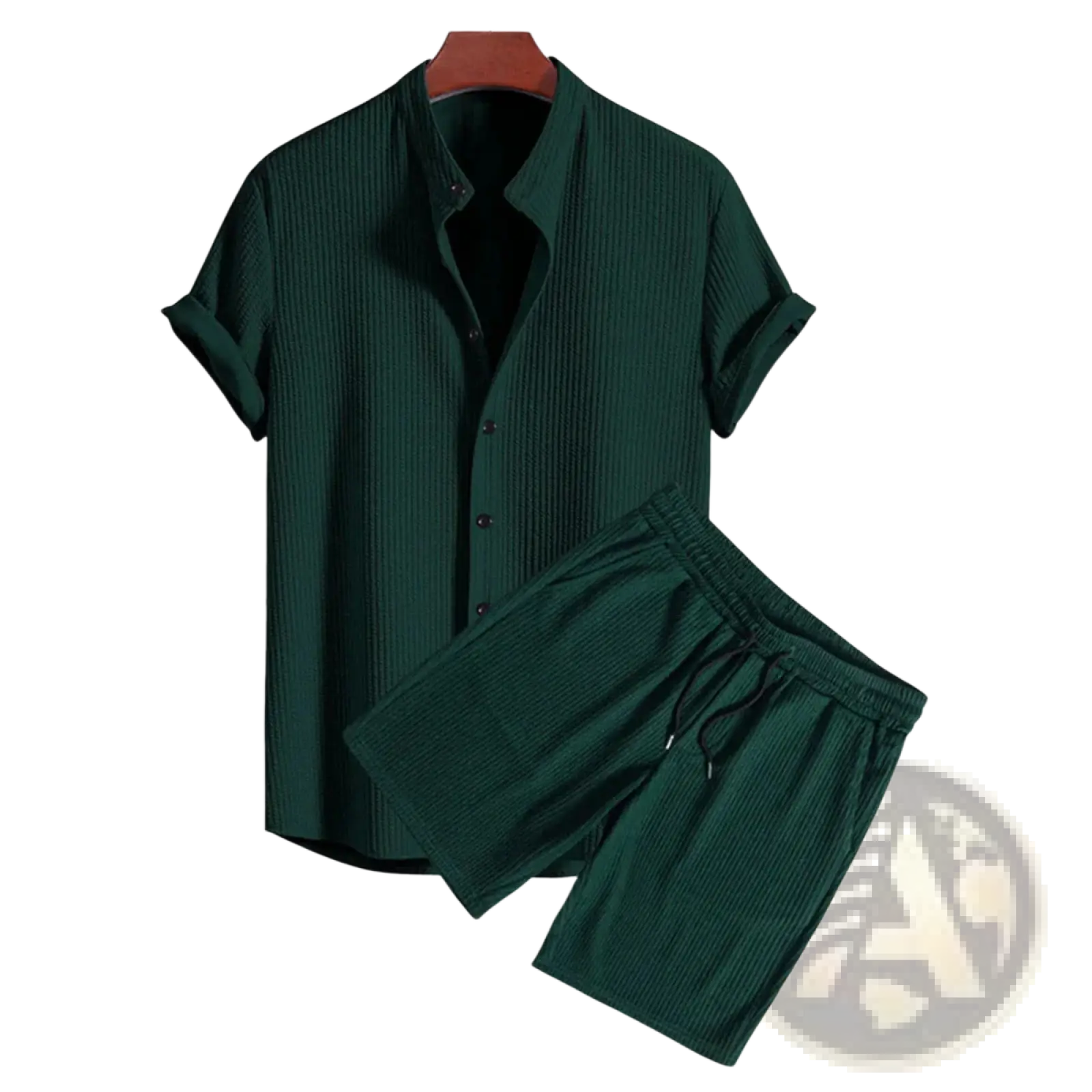 Men ribbed matching short set in dark green ribbed cotton featuring a short-sleeve button-up shirt and shorts
