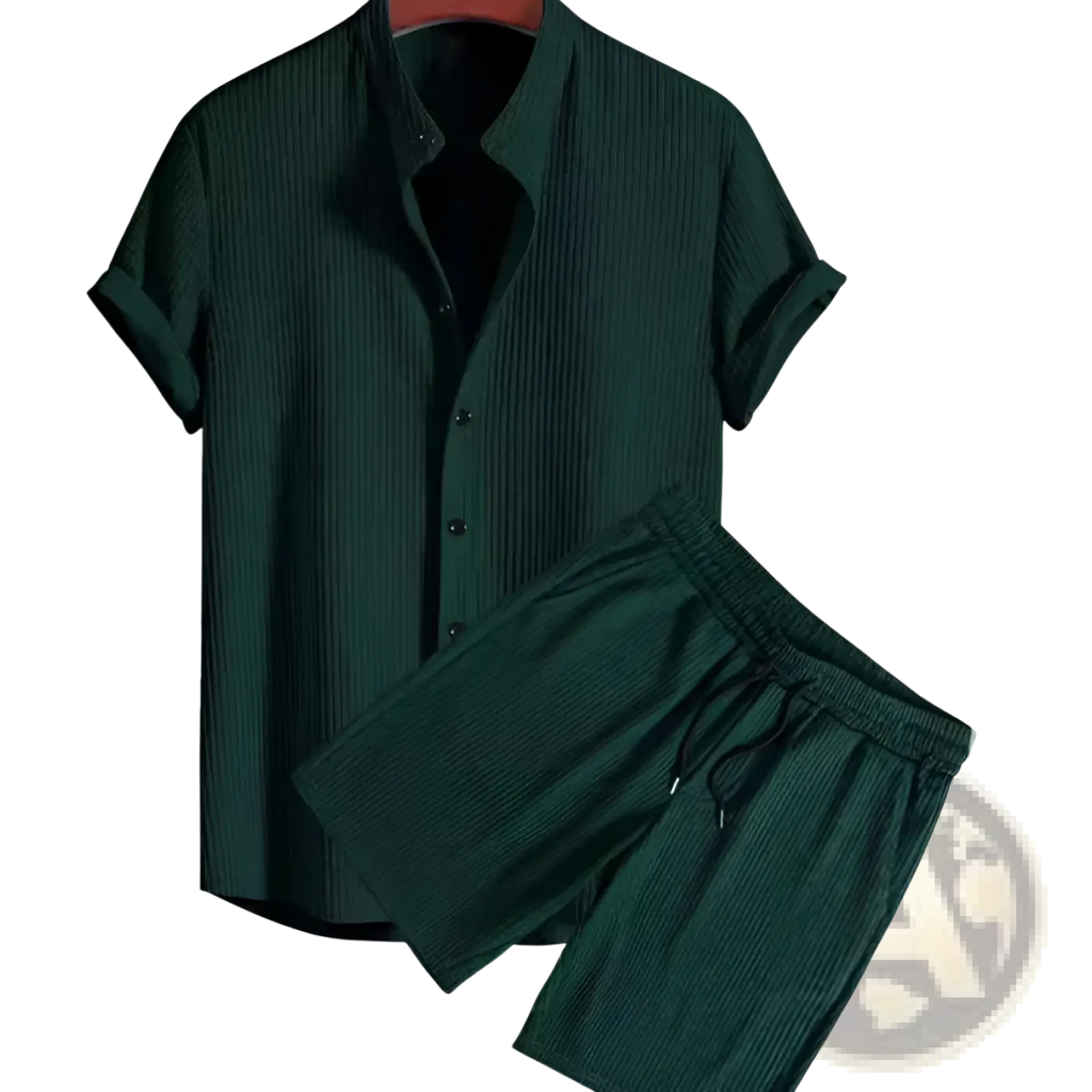 Men ribbed matching short set in dark green featuring a short-sleeved button-up shirt and textured ribbed fabric shorts