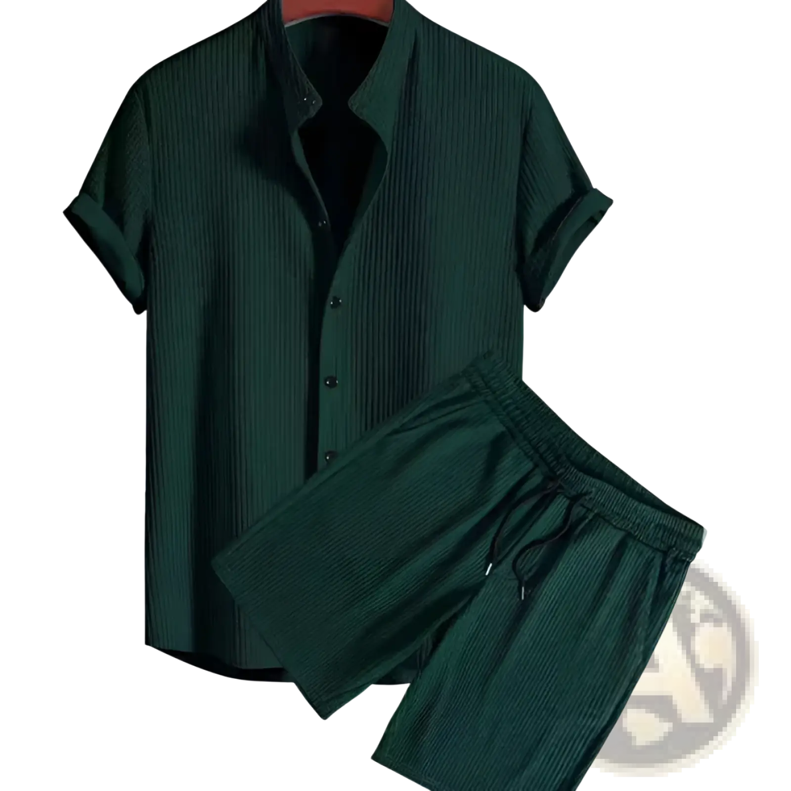 Men ribbed matching short set in dark green featuring a short-sleeved button-up shirt and textured ribbed fabric shorts