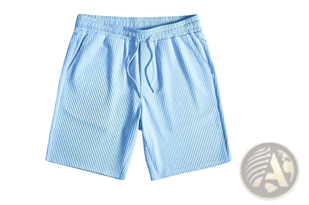 Men ribbed matching short set with light blue ribbed shorts featuring vertical white stripes and an elastic drawstring waistband