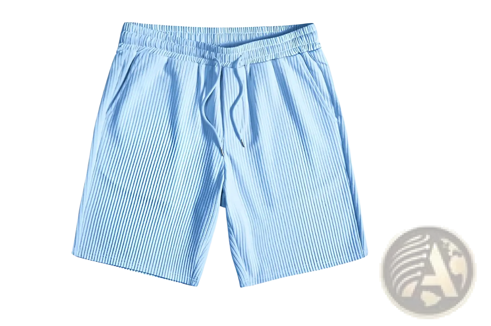 Men ribbed matching short set with light blue ribbed shorts featuring vertical white stripes and an elastic drawstring waistband