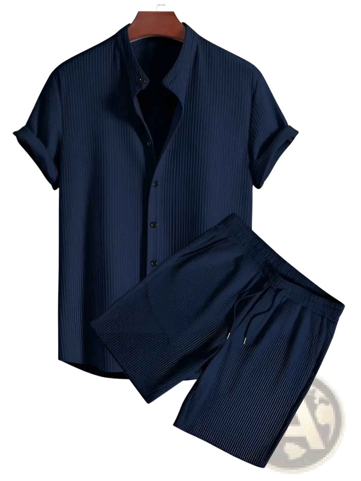 Navy blue men ribbed matching short set with short-sleeved button-up shirt and shorts featuring subtle vertical texture