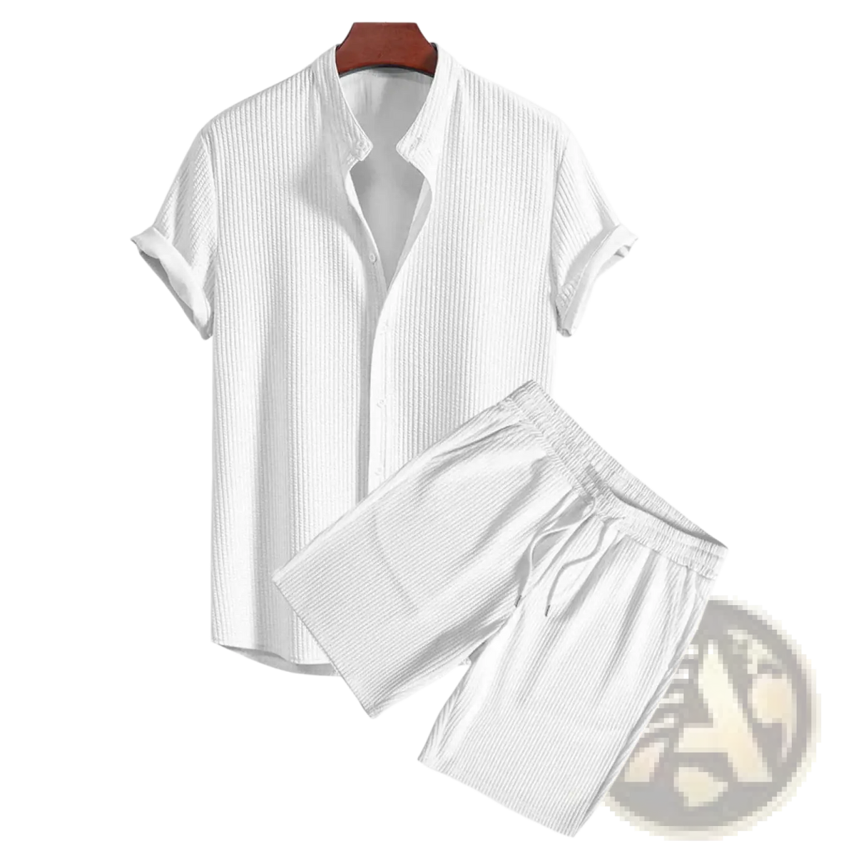 Men ribbed matching short set featuring a white short-sleeved button-up shirt and drawstring shorts with vertical texture
