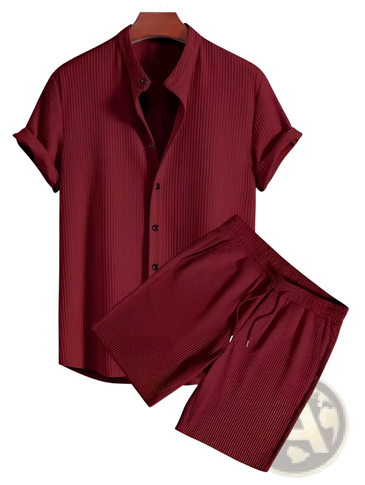 Men ribbed matching short set in maroon cotton featuring a button-up short-sleeved shirt and drawstring shorts