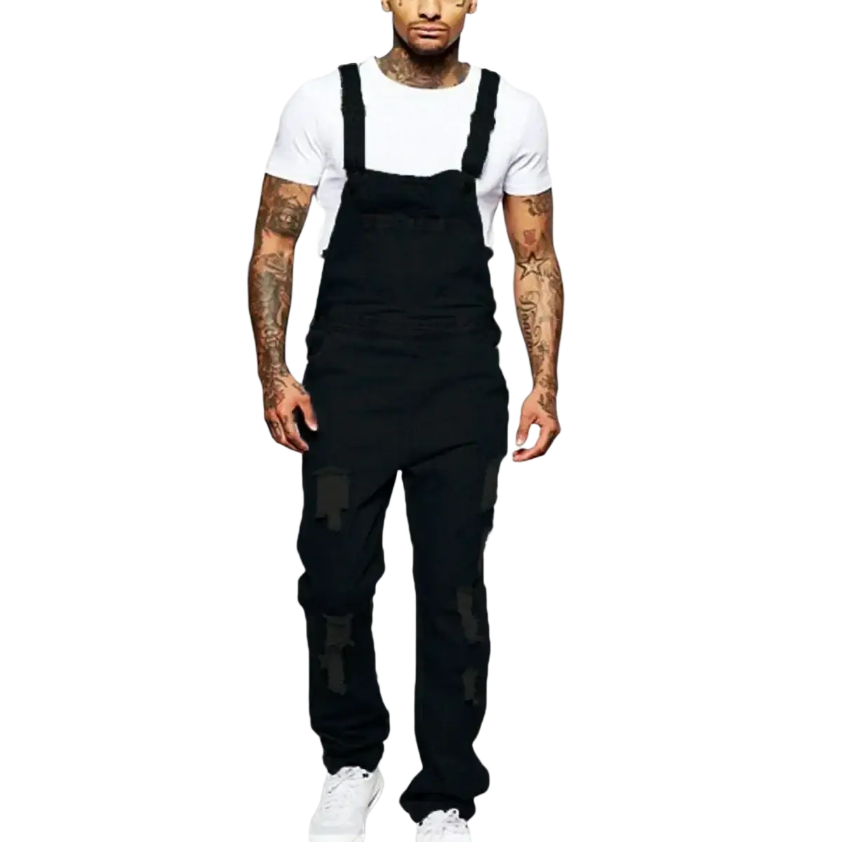 Men ripped black denim overalls featuring distressed patches on the legs for a casual jumpsuit look
