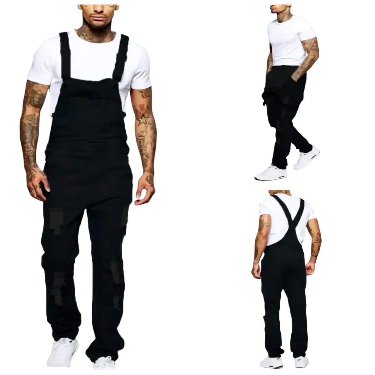 Men ripped denim overalls in black with distressed patches and adjustable shoulder straps for casual wear
