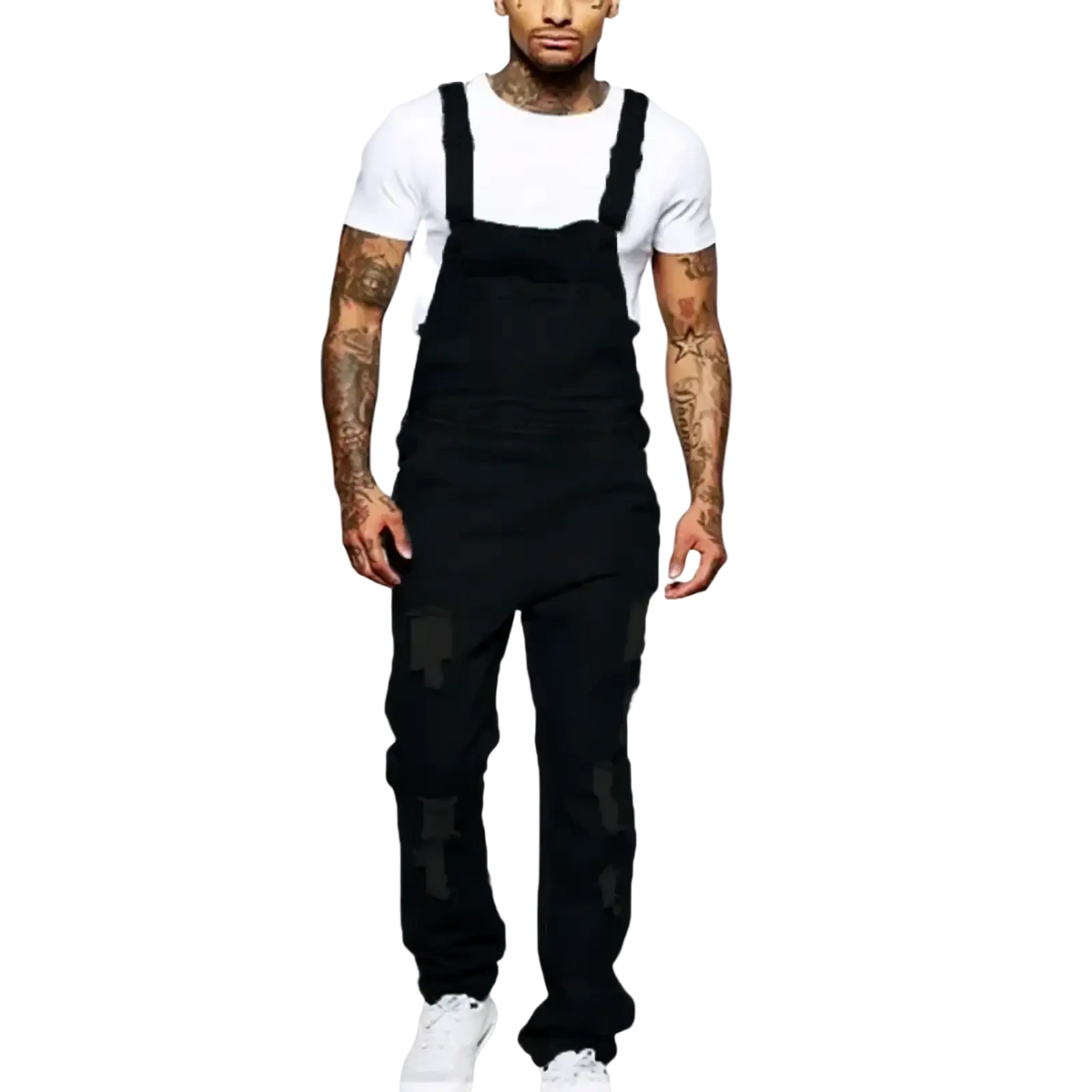 Men ripped black denim overalls with distressed patchwork details casual jumpsuit in durable cotton material