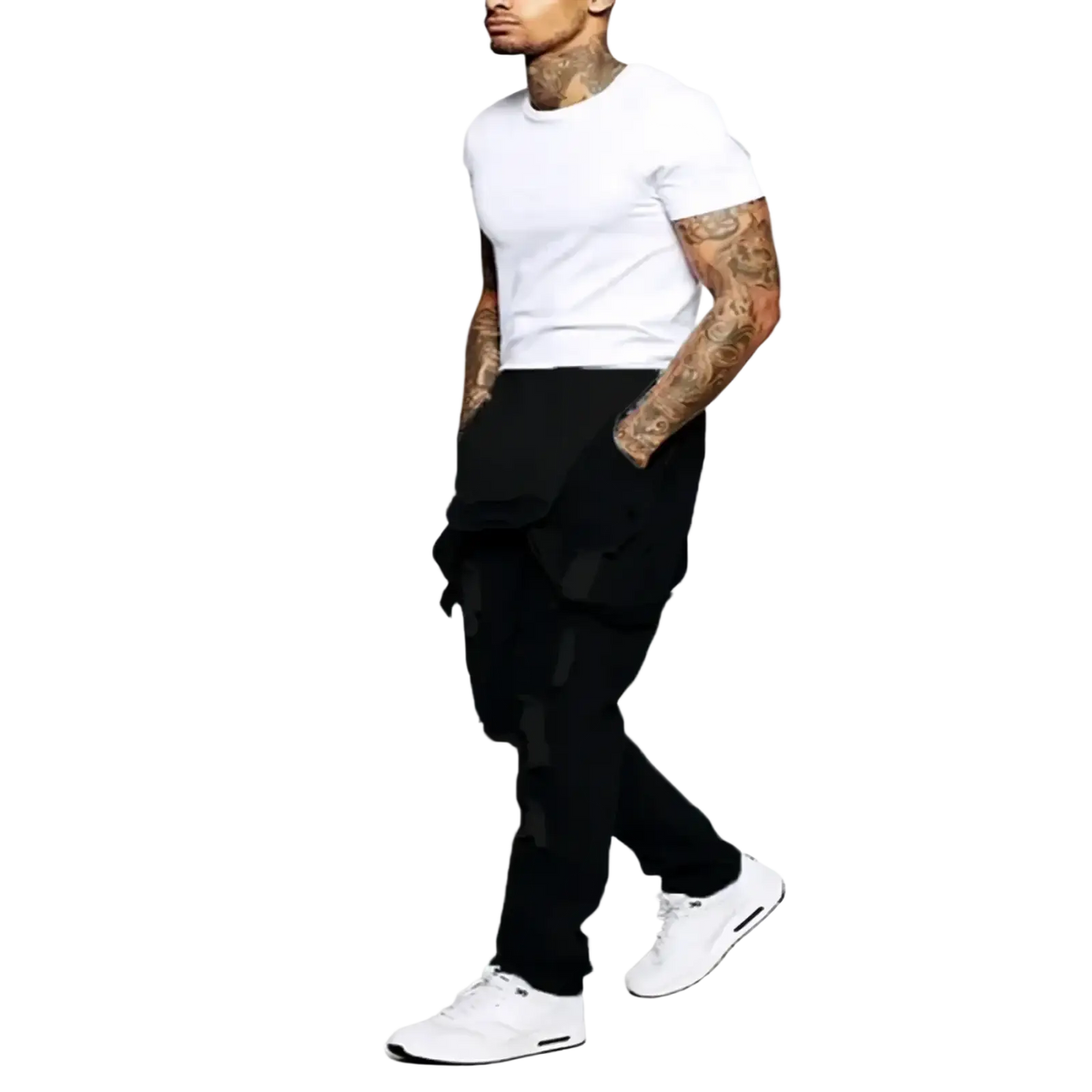 Black ripped denim overalls with multiple pockets and distressed details for casual men’s wear