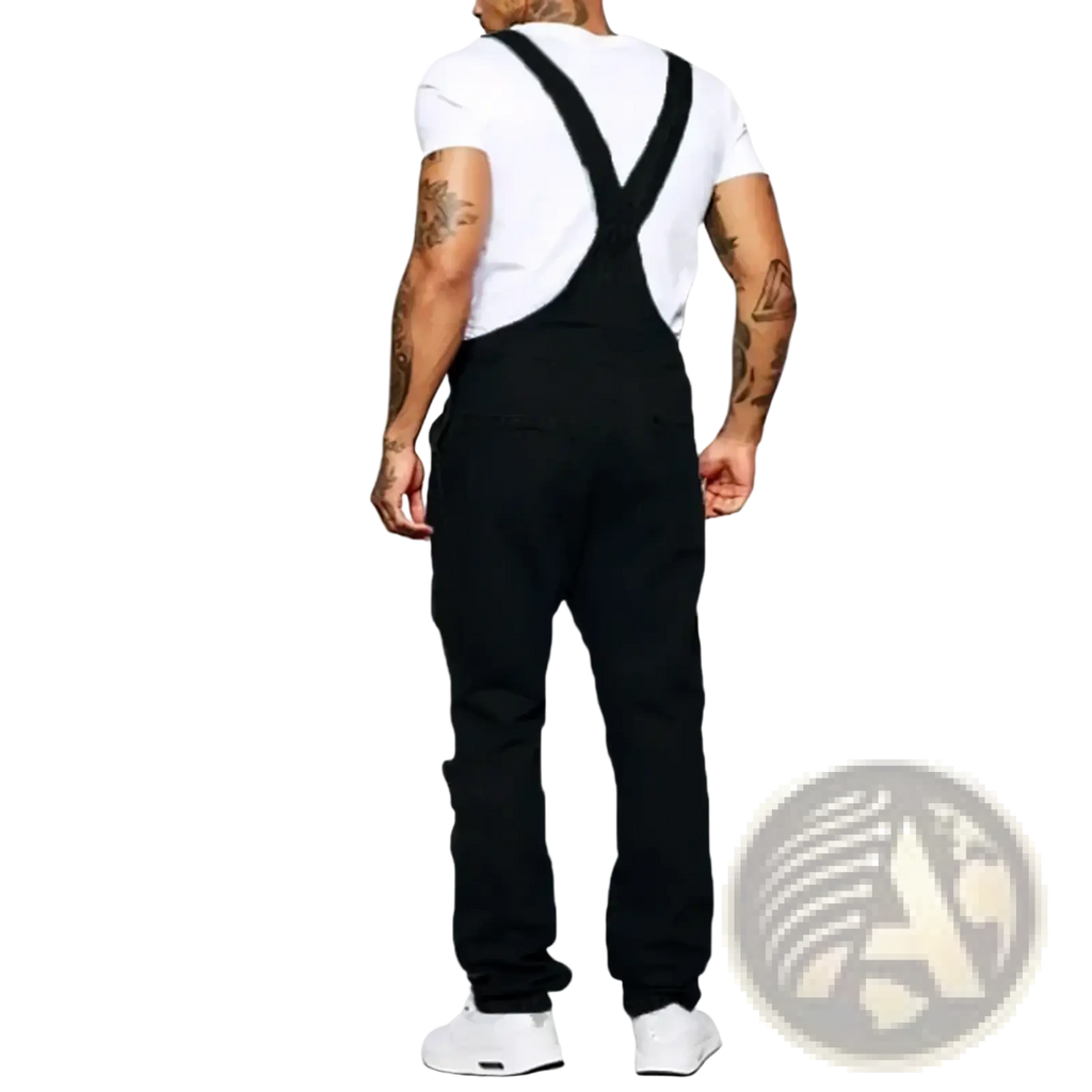 Men ripped denim overalls black cotton with adjustable shoulder straps and side pockets casual distressed jumpsuit