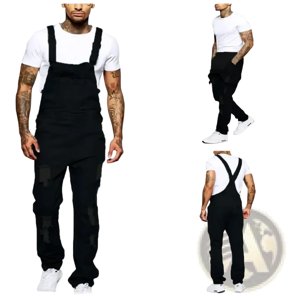 Men ripped denim overalls in black with distressed patches and adjustable shoulder straps for casual wear
