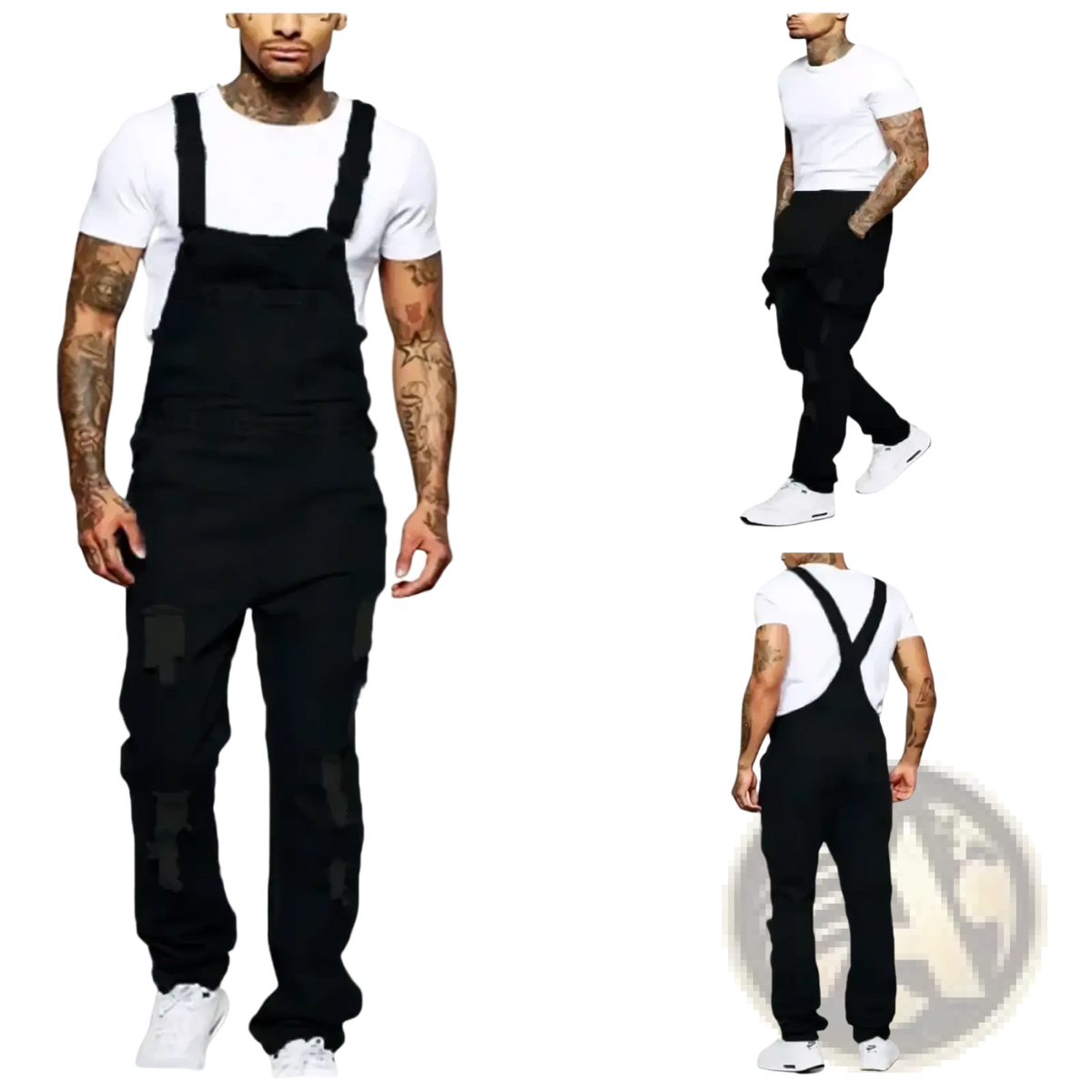 Men ripped denim overalls in black with distressed patches and adjustable shoulder straps for casual wear