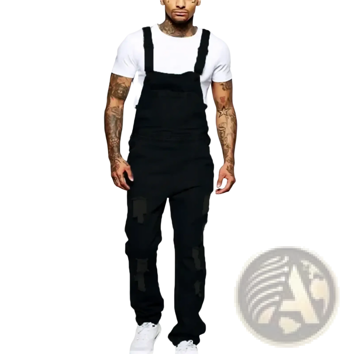 Men ripped black denim overalls with distressed patchwork details casual jumpsuit in durable cotton material