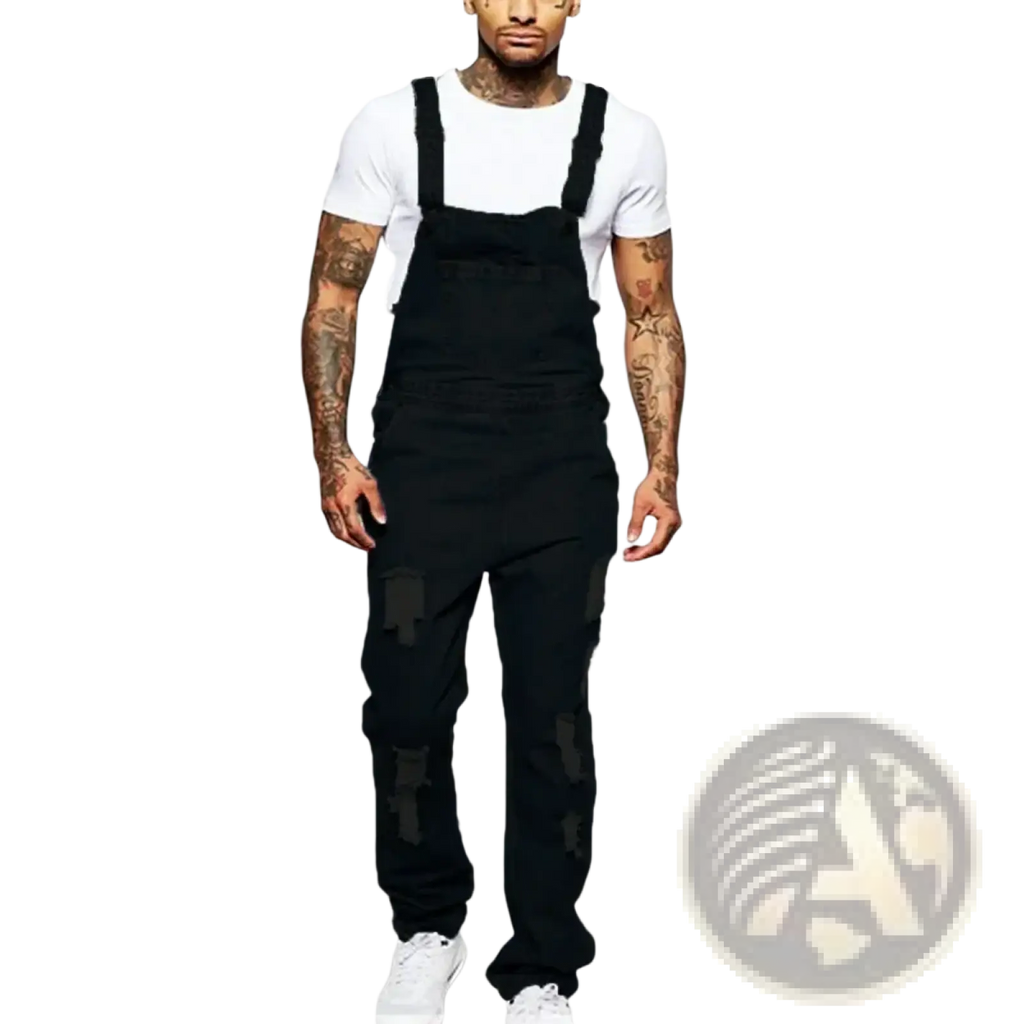 Men ripped black denim overalls featuring distressed patches on the legs for a casual jumpsuit look