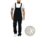 Men ripped black denim overalls featuring distressed patches on the legs for a casual jumpsuit look