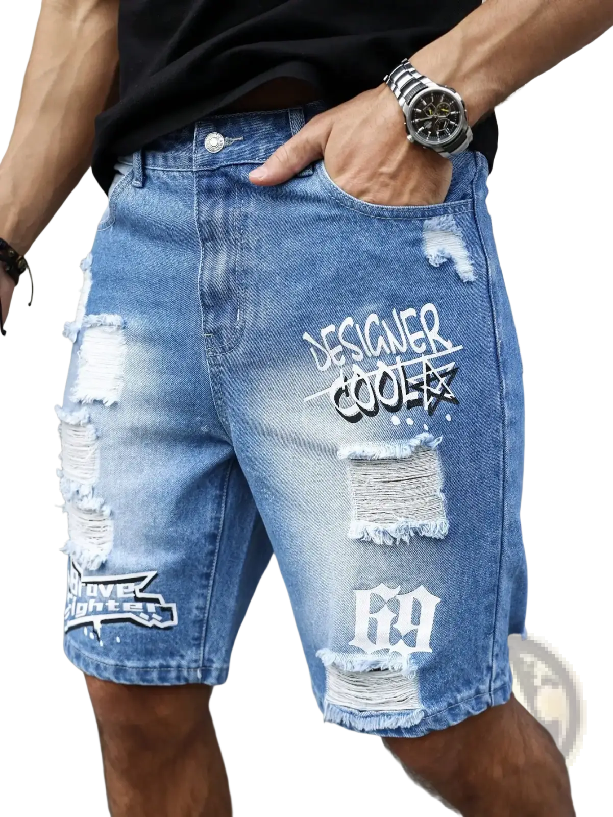 Men ripped denim shorts in blue with distressed details and white graffiti print for summer wear