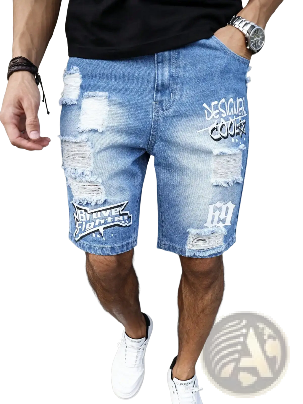 Men ripped denim shorts in blue with distressed patches white graffiti lettering and Prove Fighter logo patch for summer wear