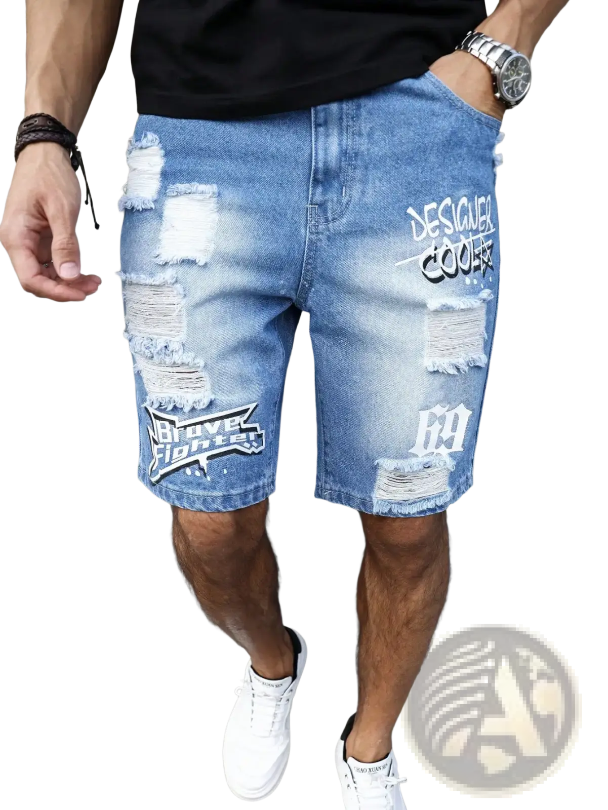 Men ripped denim shorts in blue with distressed patches white graffiti lettering and Prove Fighter logo patch for summer wear