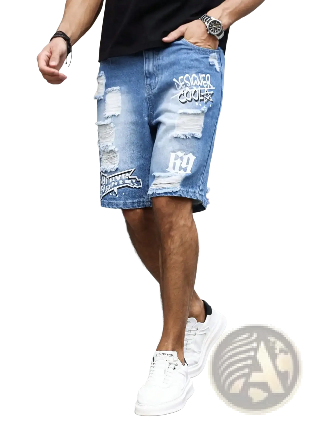 Blue denim men ripped shorts with distressed patches and white graffiti print for summer wear