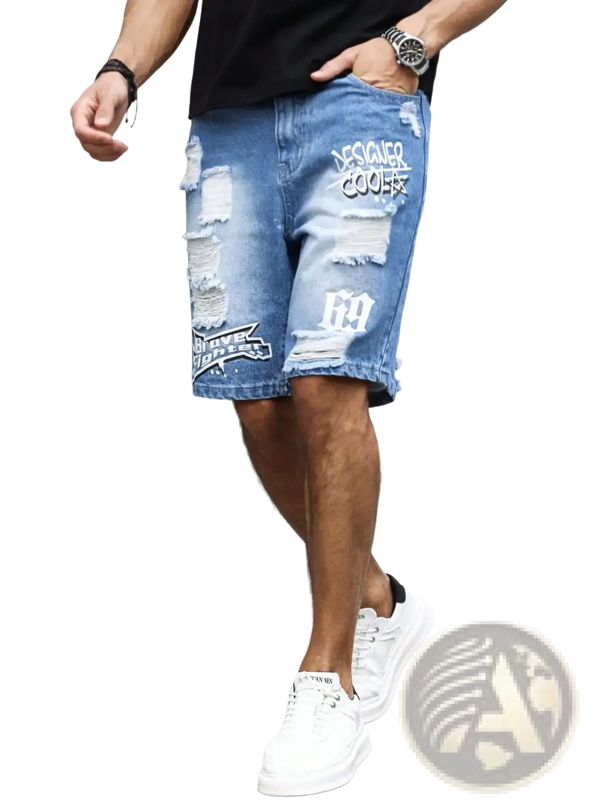 Blue denim men ripped shorts with distressed patches and white graffiti print for summer wear