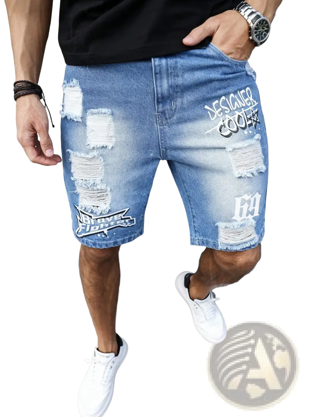 Men ripped denim shorts in blue with distressed patches and white graffiti print for summer wear