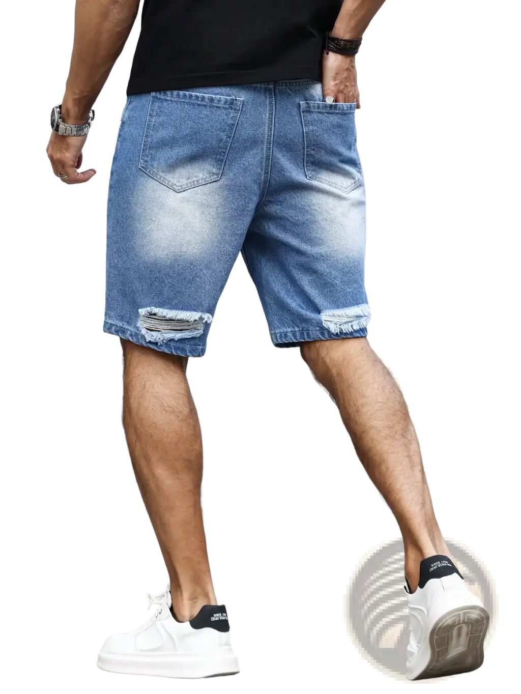 Men ripped denim shorts in blue with frayed hems faded wash and graffiti print for summer wear