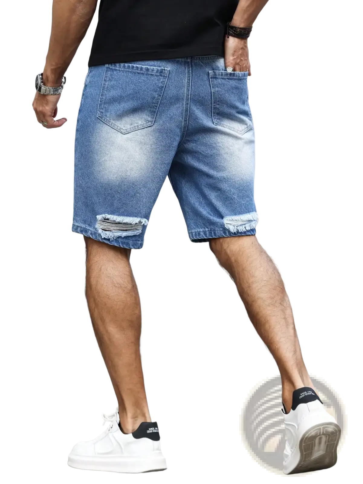 Men ripped denim shorts in blue with frayed hems faded wash and graffiti print for summer wear