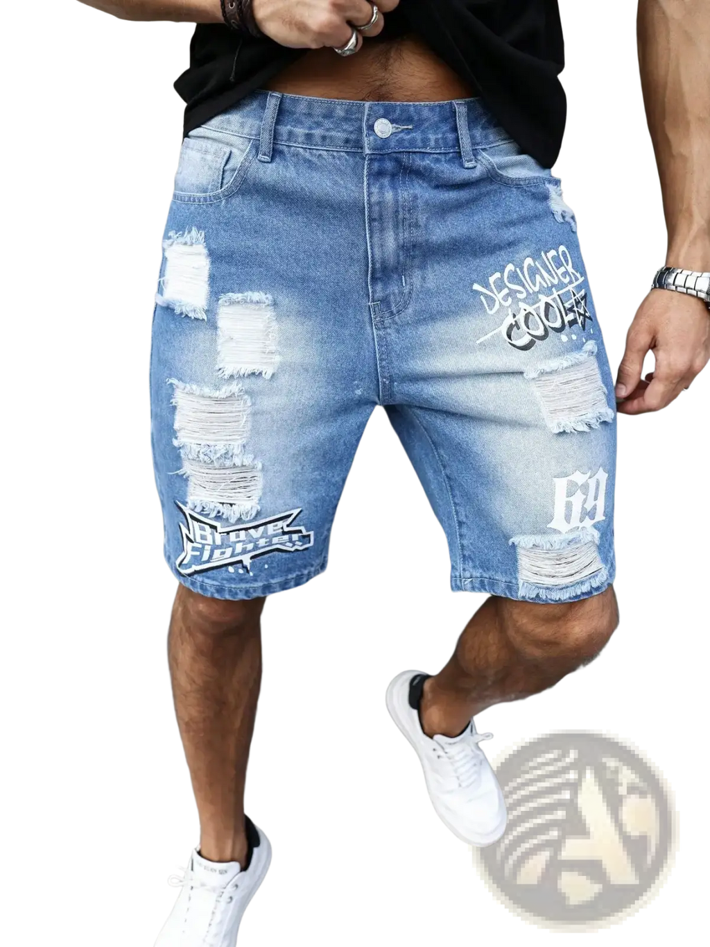 Men ripped denim shorts in blue distressed style with white graffiti print and ripped patches for summer wear