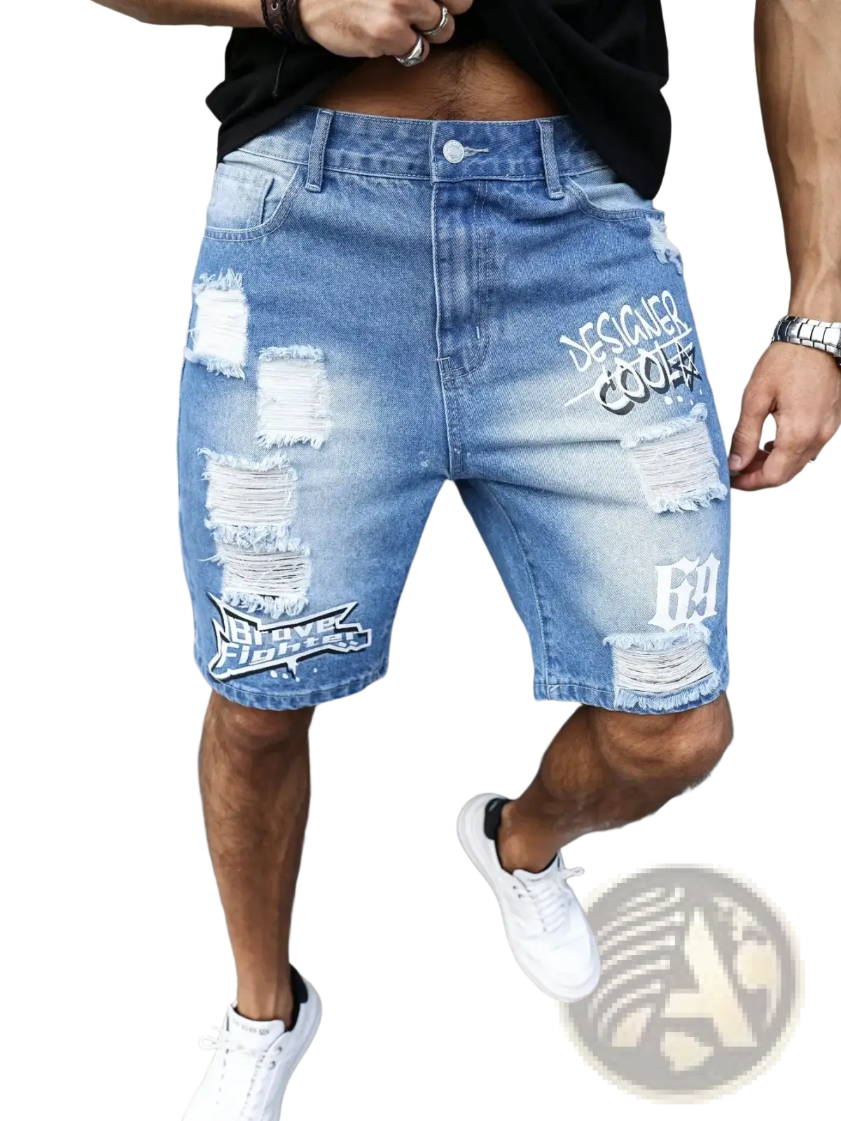 Men ripped denim shorts in blue distressed style with white graffiti print and ripped patches for summer wear