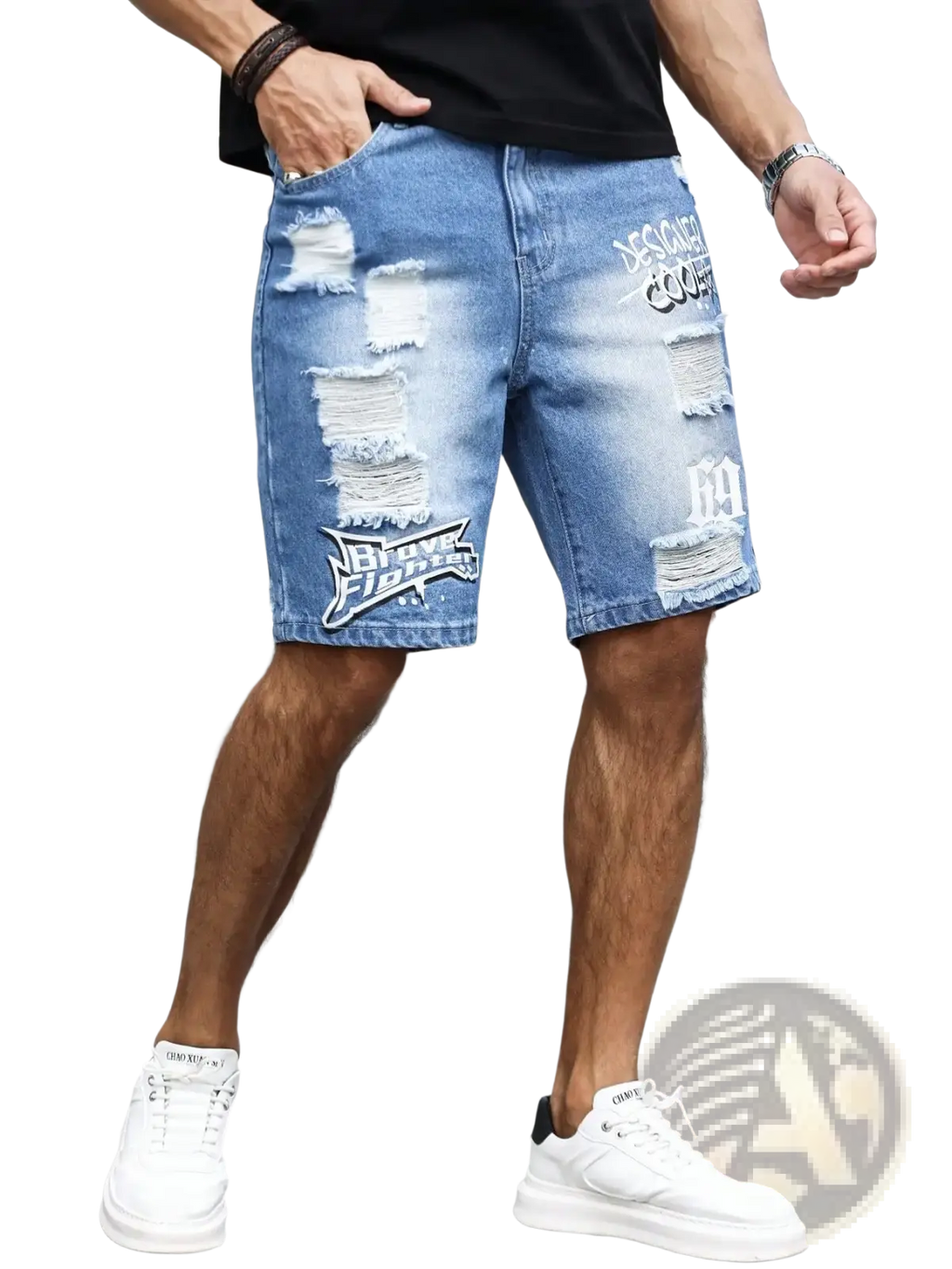 Men ripped blue denim shorts featuring distressed fabric and graffiti print for summer wear