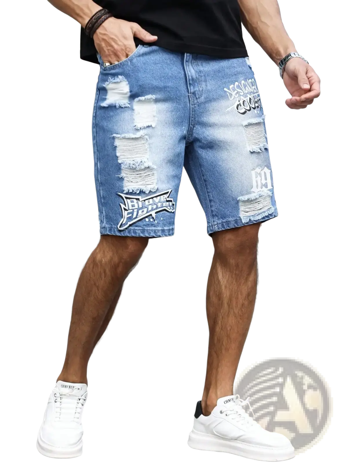 Men ripped blue denim shorts featuring distressed fabric and graffiti print for summer wear