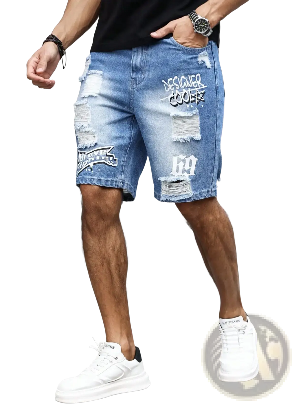 Men ripped blue denim shorts with distressed fabric and white graffiti print patches for summer wear