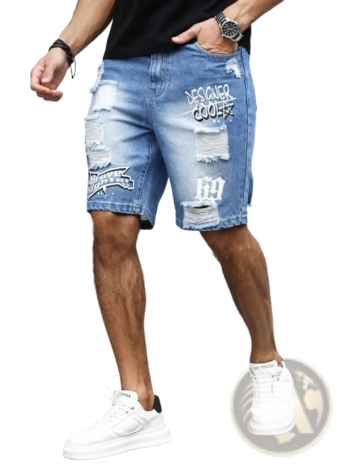 Men ripped blue denim shorts with distressed fabric and white graffiti print patches for summer wear
