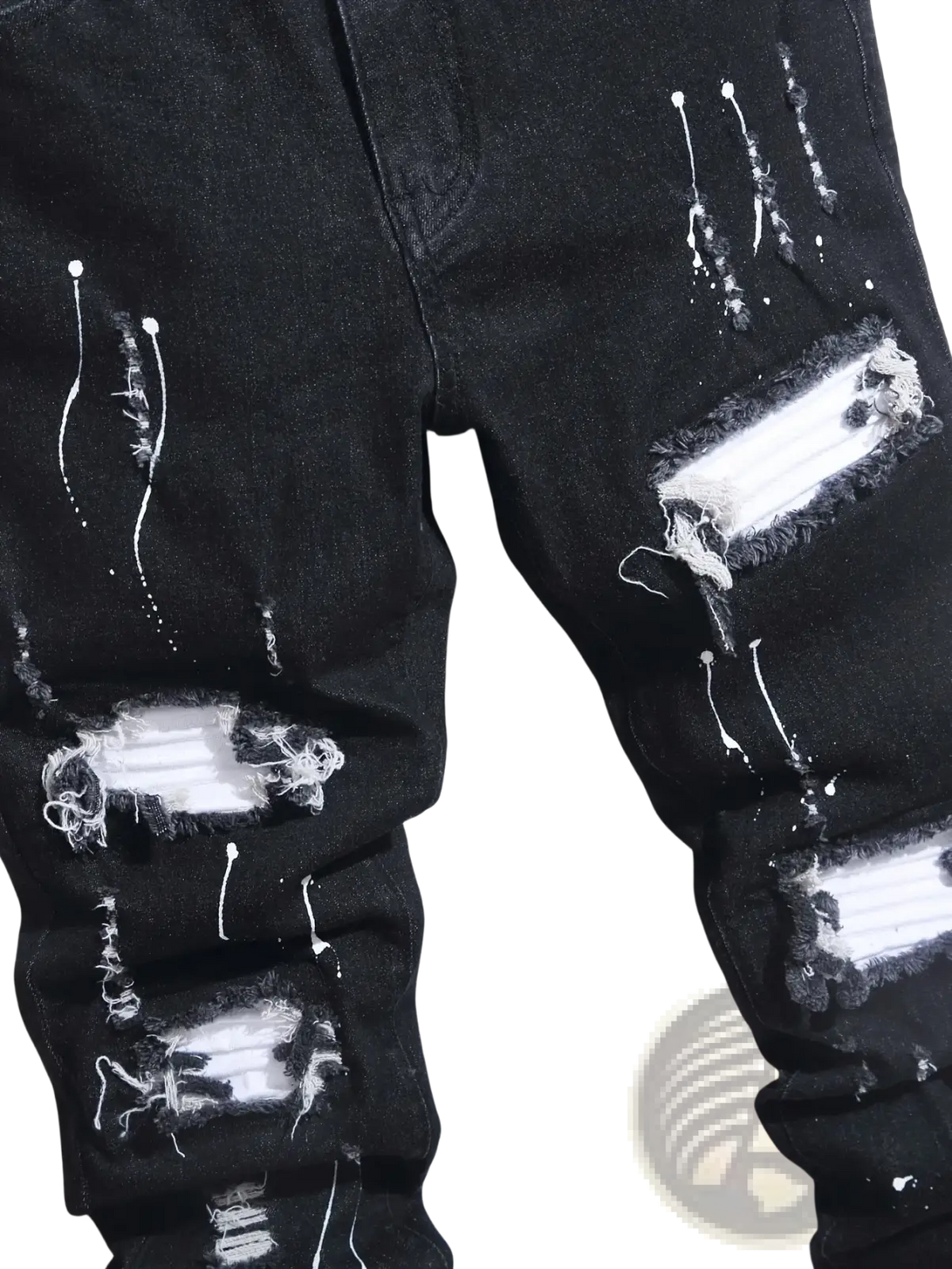 Black distressed denim men ripped skinny biker jeans with white paint splatter and ripped details for streetwear
