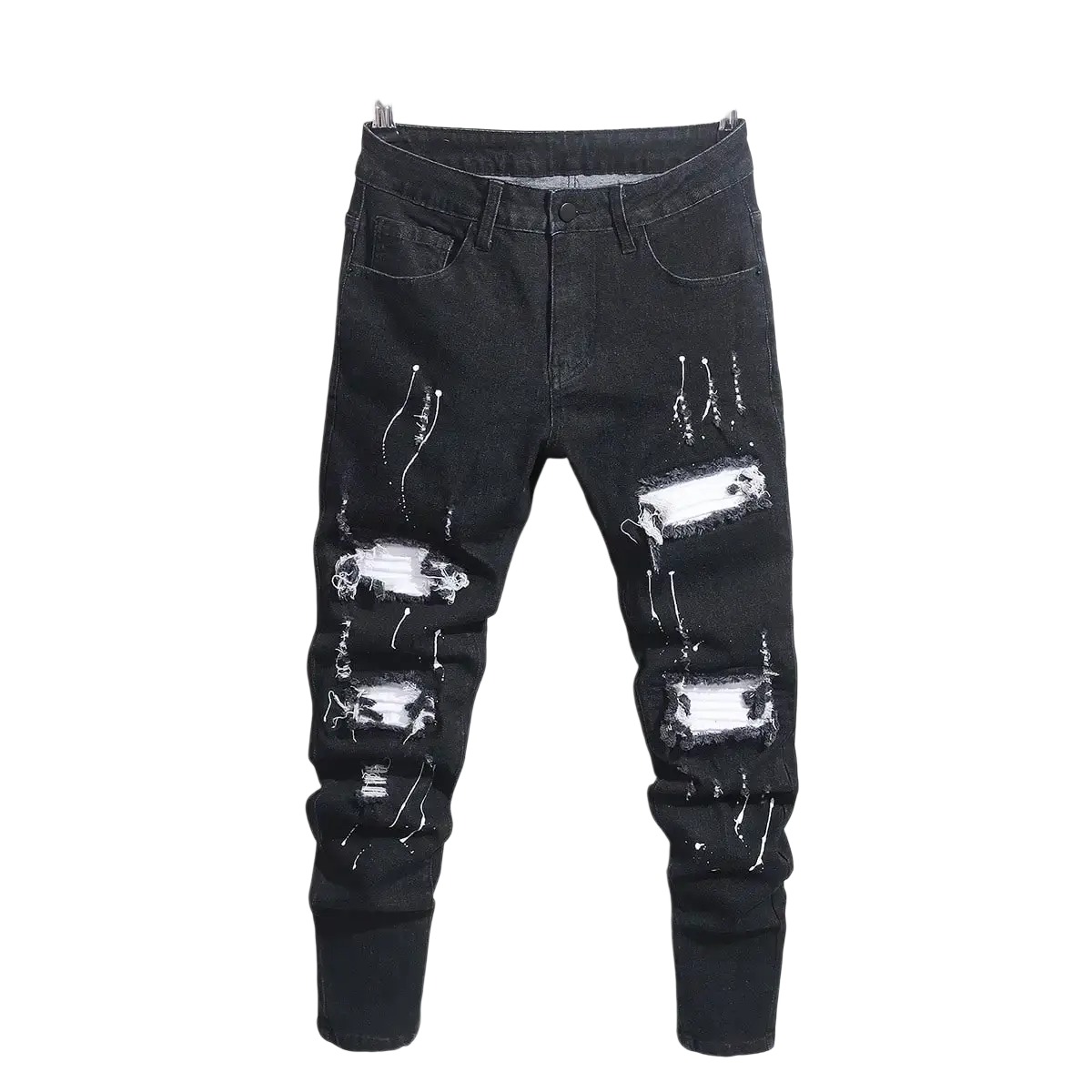 Men ripped skinny biker jeans in black distressed denim with white paint splatter and ripped patches for streetwear