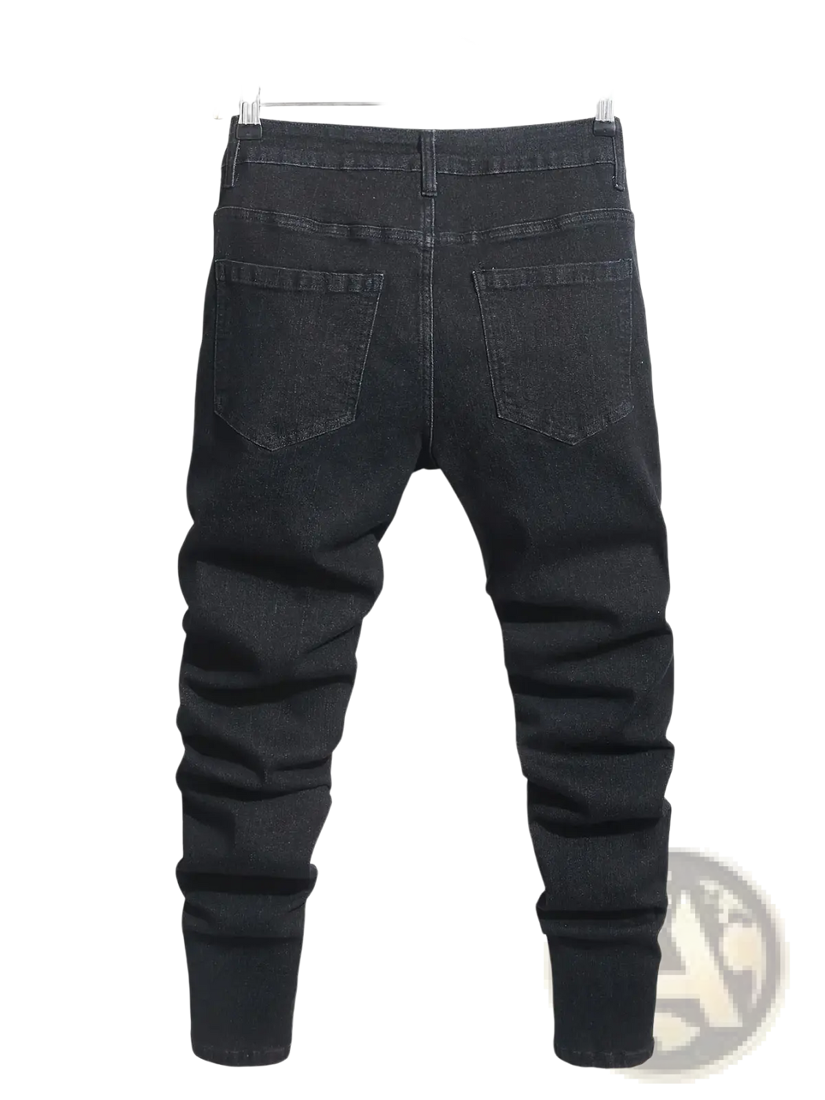 Back side of men gray embroidered ripped skinny biker jeans with slim fit black denim and subtle fading on pockets