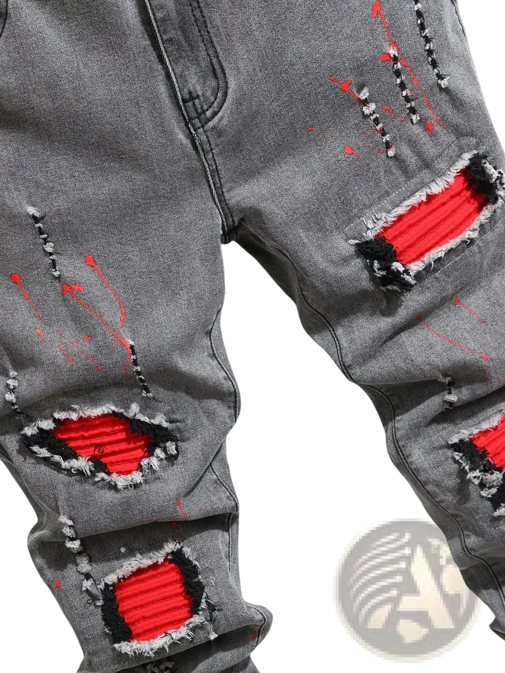 Men ripped skinny biker jeans in gray denim with bold red ribbed fabric patches and black stitching accents