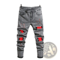 Men ripped skinny biker jeans gray with distressed fabric bold red rectangular patches and black stitching details
