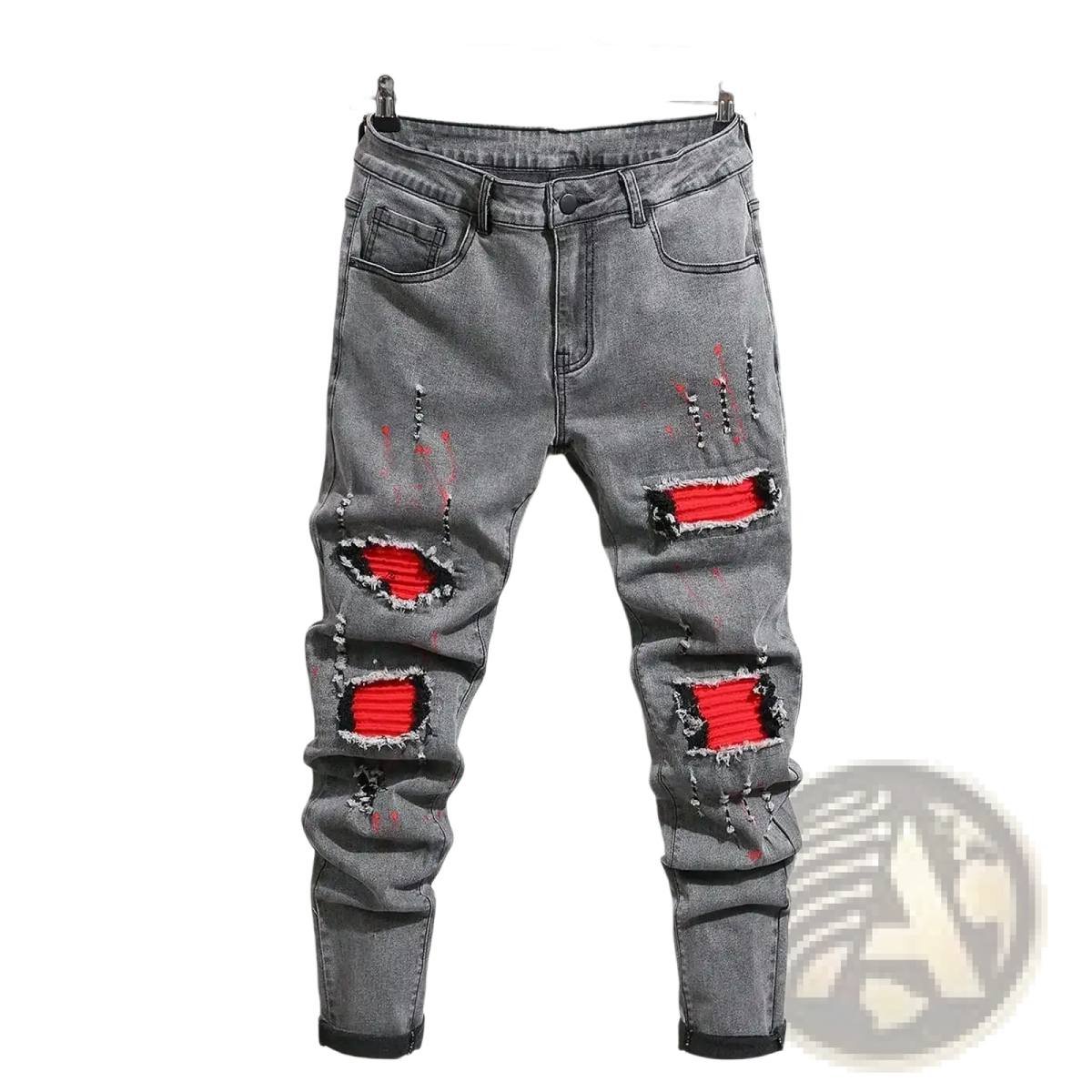 Men ripped skinny biker jeans gray with distressed fabric bold red rectangular patches and black stitching details