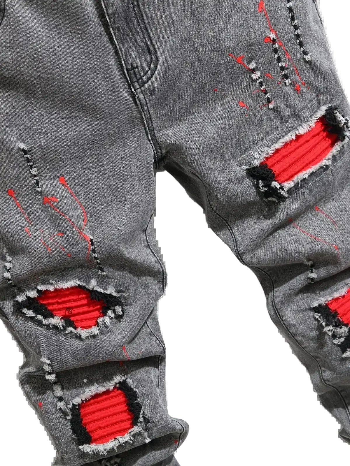 Grey distressed skinny biker jeans with bold red ribbed patches and black and white stitched accents streetwear