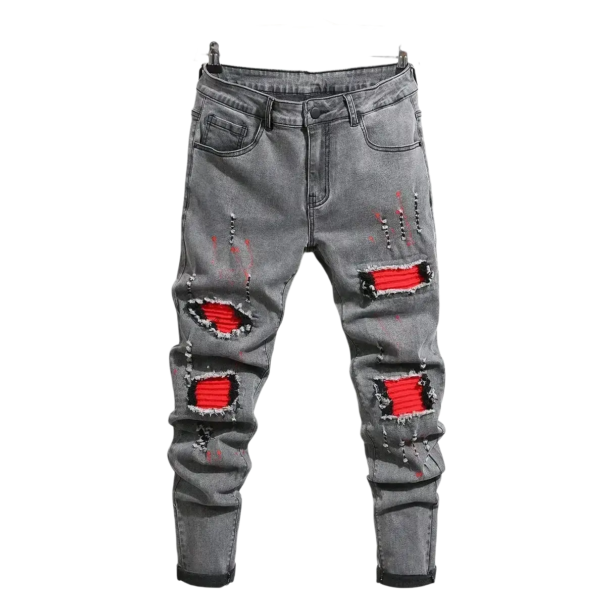 Men ripped skinny biker jeans gray denim with bold red fabric patches and distressed ripped details streetwear style
