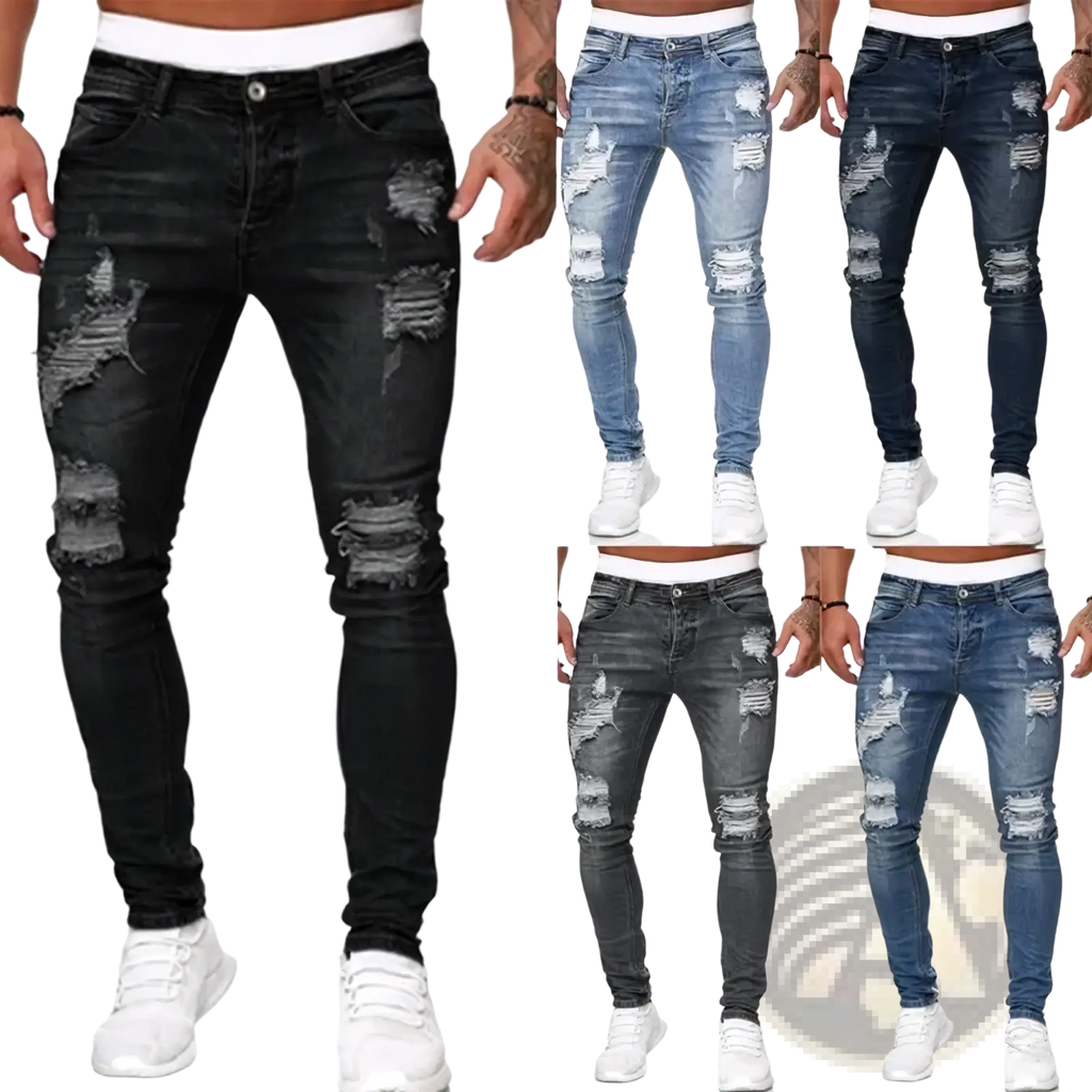 Men ripped skinny denim jeans in black distressed fabric with ripped knee details for a trendy casual look