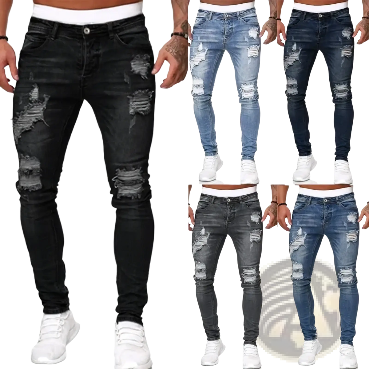 Men ripped skinny denim jeans in black distressed fabric with ripped knee details for a trendy casual look