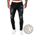 Men ripped skinny denim jeans in black featuring distressed fabric and ripped knee details