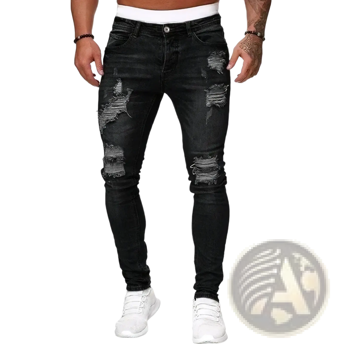 Men ripped skinny denim jeans in black featuring distressed fabric and ripped knee details