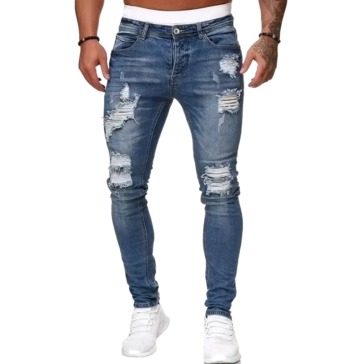 Men ripped skinny denim jeans in blue distressed denim with ripped knee details for casual wear