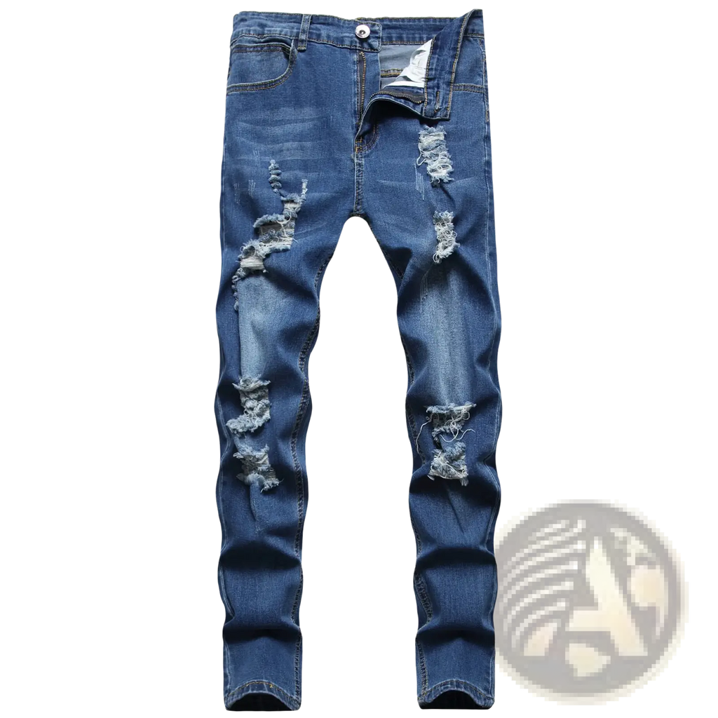 Men ripped skinny denim jeans in blue distressed denim with slim fit and ripped knee areas