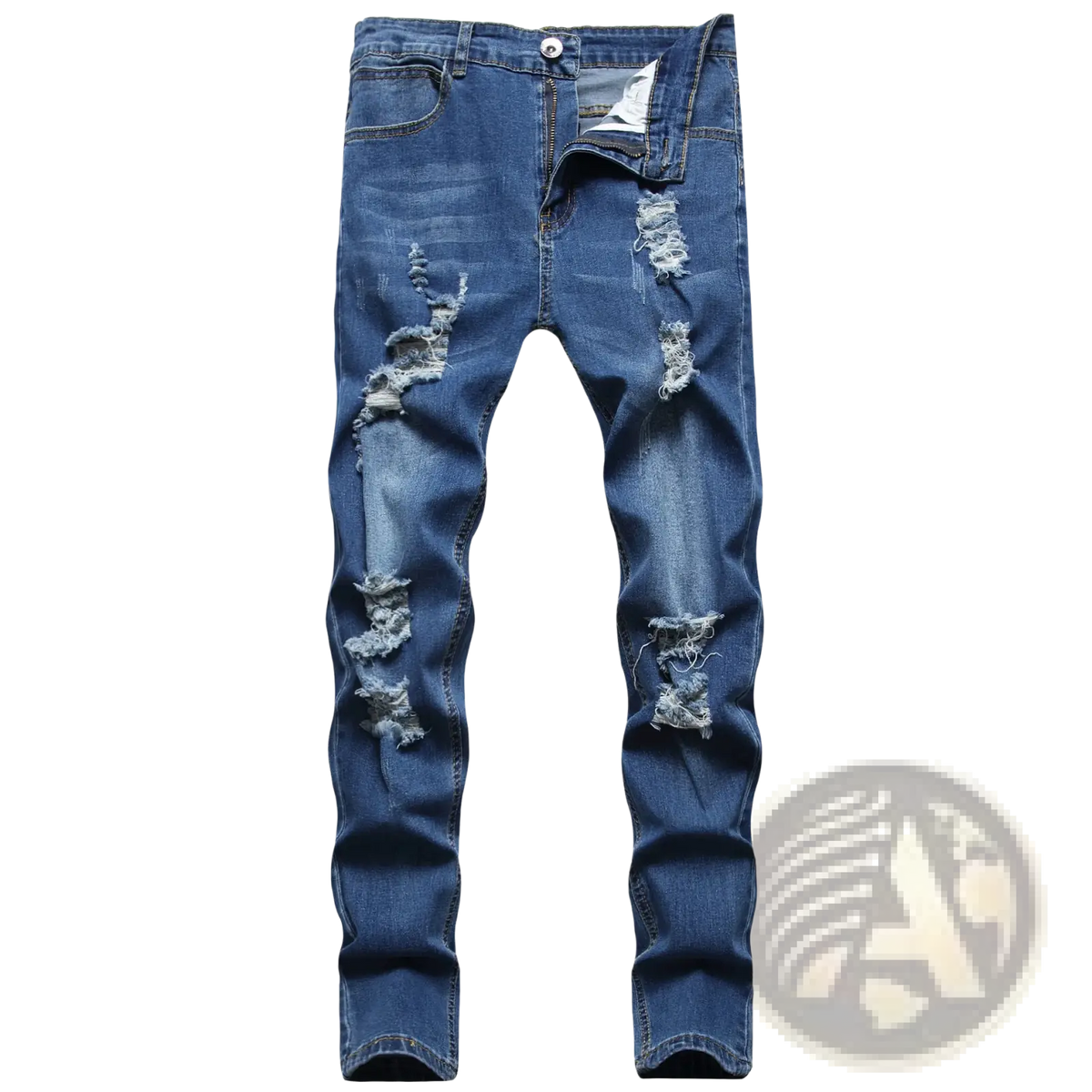 Men ripped skinny denim jeans in blue distressed denim with slim fit and ripped knee areas