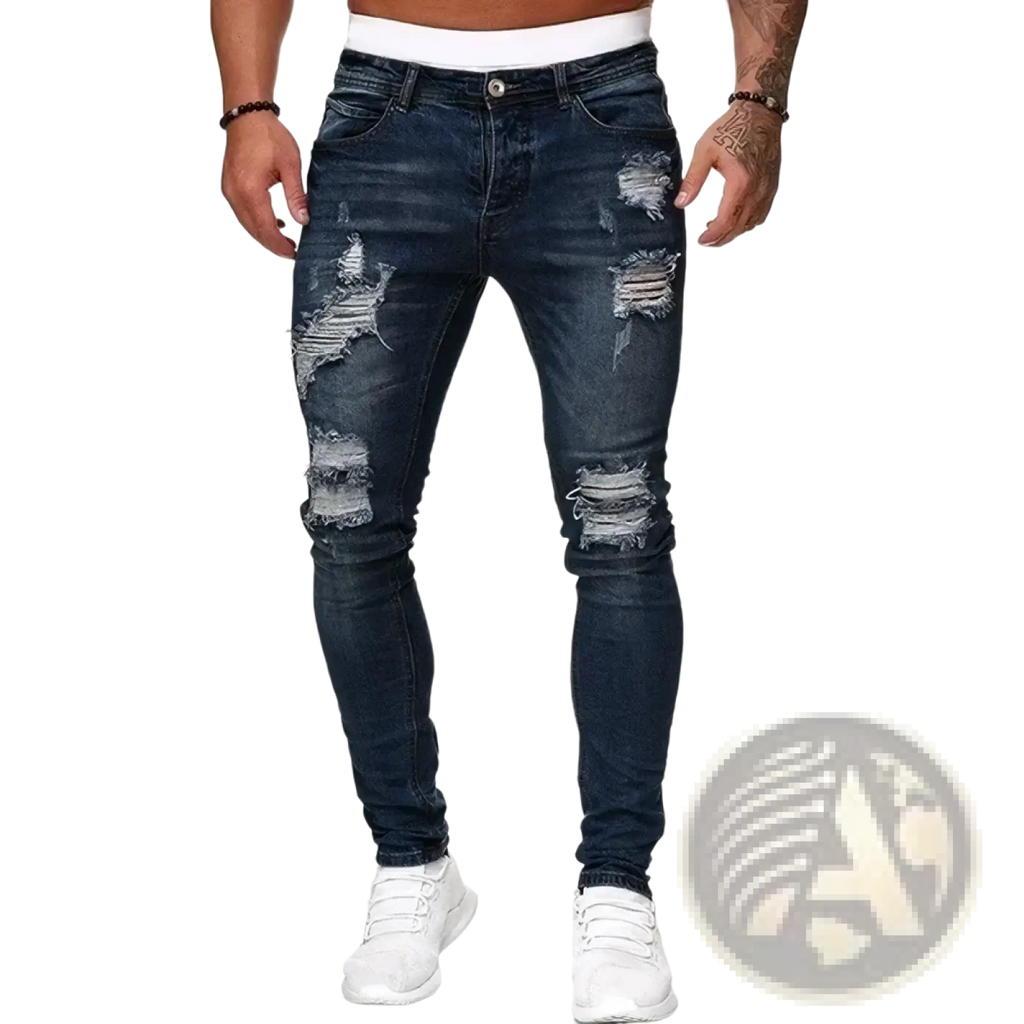 Men ripped skinny denim jeans in dark blue distressed material with ripped knee patches and slim fit design