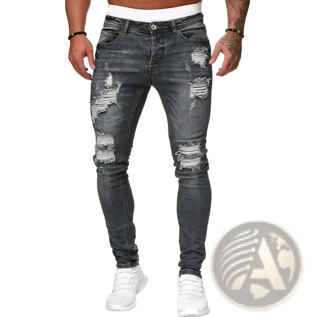 Men ripped skinny denim jeans in dark gray with distressed faded wash and ripped knee patches
